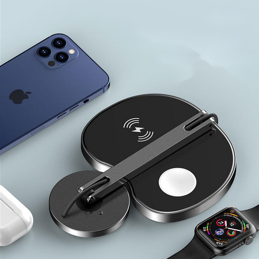 Vancely PH19 Wireless Charger Three In One with smartphone, earbuds, and smartwatch on a light background.