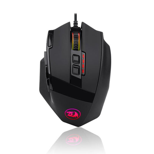 Redragon M801P gaming mouse with ergonomic design, RGB lighting, and wireless/wired connectivity