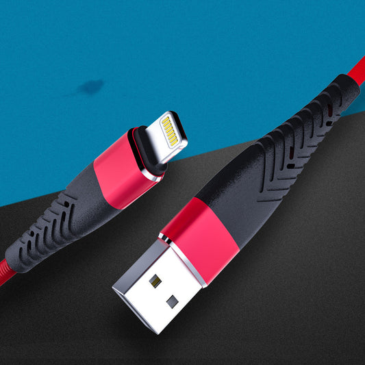 Data Charging Cable Super Fast Charging Braided Data Cable in red and black with USB connector and lightning end.