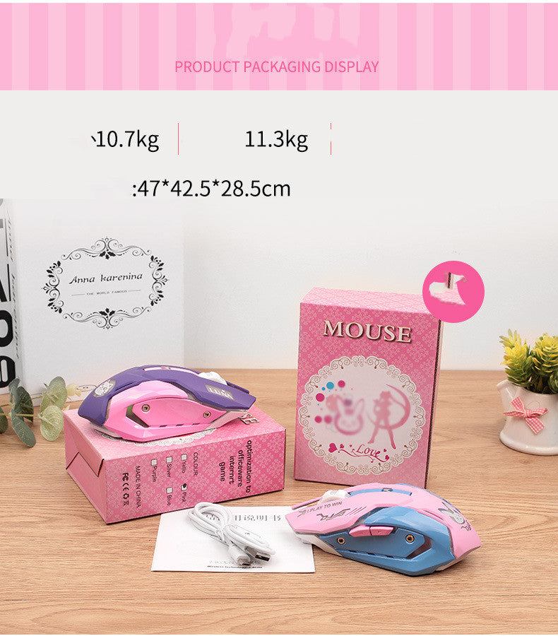 Product packaging display of Computer Peripheral Accessories Mute Gaming Mouse in pink and blue with specifications.