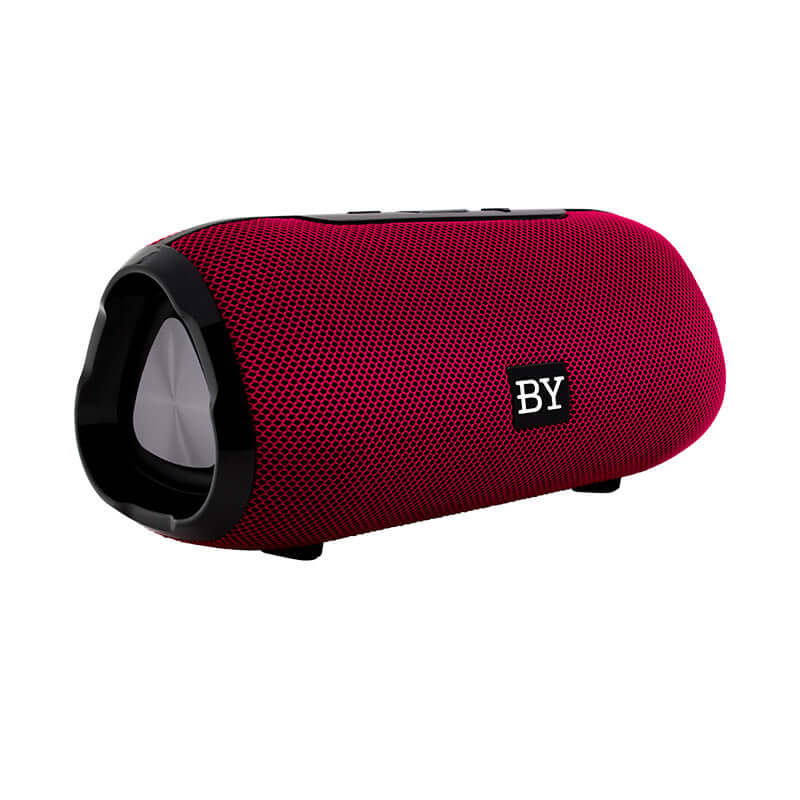Bluetooth wireless speaker in vibrant red mesh design with ergonomic shape and easy-to-use interface.