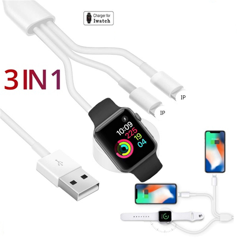 Magnetic Wireless Charging Watch Charging Cable with 3-in-1 functionality for smartwatch and phone charging.