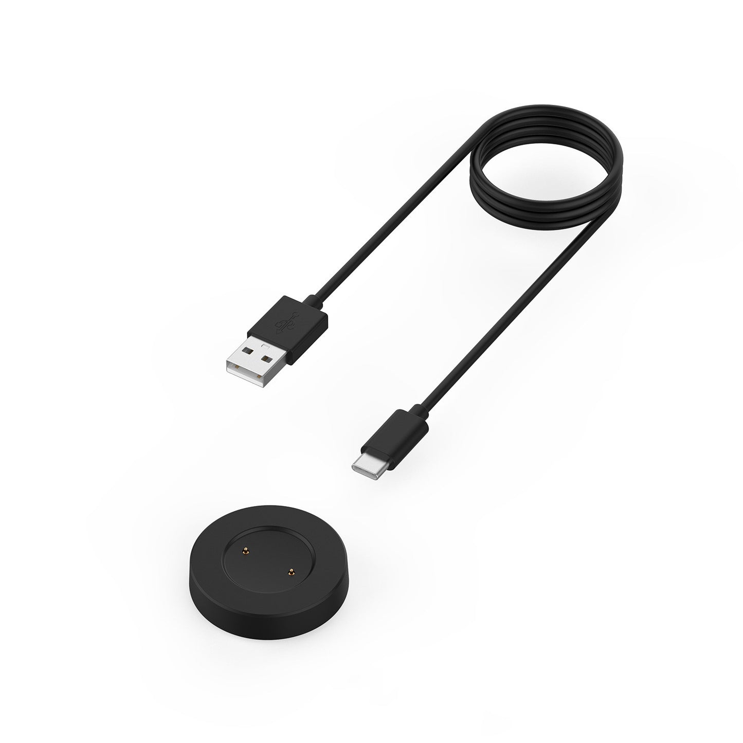 Watch Integrated Charging Cable with USB and charging pad in split black design.