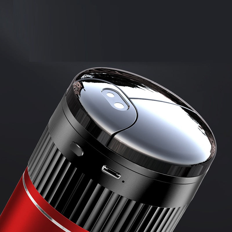Multi-functional Creative Smart Car Ashtray With Lid in red color, featuring a stylish metallic lid and USB charging port.