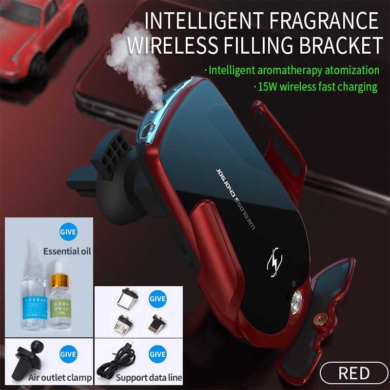Car Smart Aromatherapy Mobile Phone Holder Car Navigation in red with essential oil and wireless charging features.