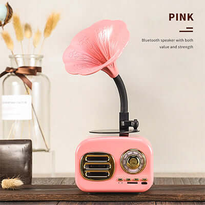 Bluetooth speaker phonograph in pink design, featuring vintage style and modern technology for enhanced audio experience.