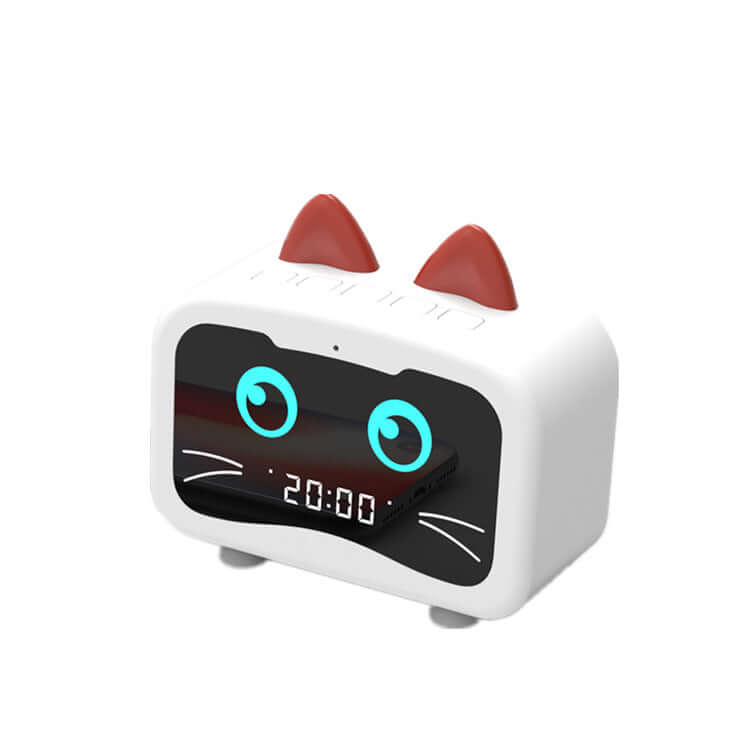 Wireless Bluetooth speaker in a playful cat design with digital clock display and colorful eyes.