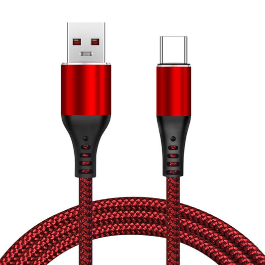Super fast charging cable with red braided design and connectors for Android, iOS, and TYPE-C devices.