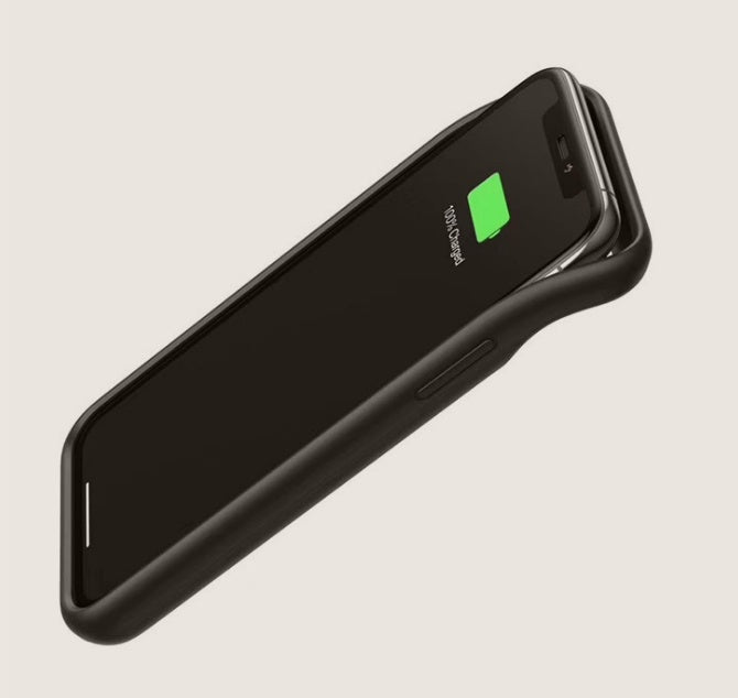 iPhone 11 with black back clip battery charger, showcasing the Phones Charger in use with battery status.