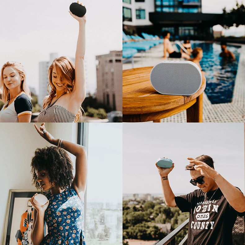 Bluetooth stereo smart speaker in use by multiple people in various settings, showing colors and lifestyle appeal.
