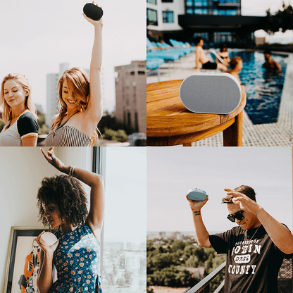 Bluetooth stereo smart speaker in use by multiple people in various settings, showing colors and lifestyle appeal.