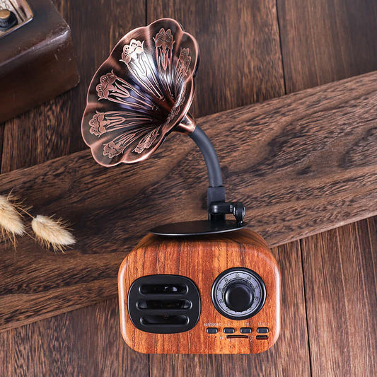 Bluetooth speaker phonograph with a vintage design featuring a flower-shaped horn and wooden body.