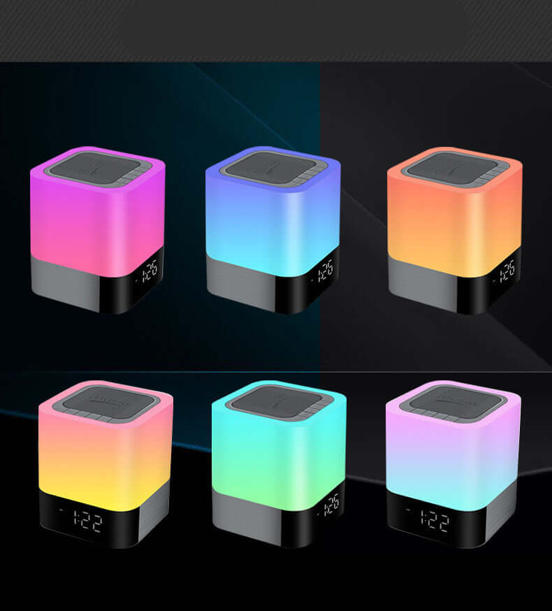 Bluetooth Speaker showcasing LED night light and clock features in six vibrant color variations.