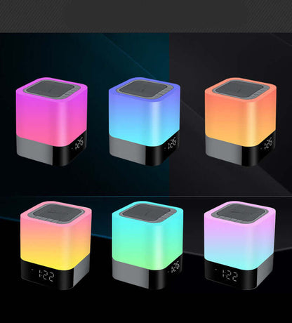 Bluetooth Speaker showcasing LED night light and clock features in six vibrant color variations.