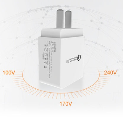 Fast charge charger with QC3.0 technology for quick mobile phone charging in a compact design.