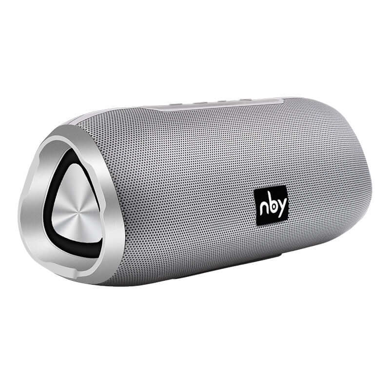 Bluetooth wireless speaker in silver color with iron mesh and rubber casing, delivering 5W power and FM radio function.