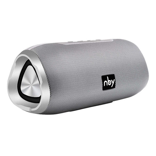Bluetooth wireless speaker in silver color with iron mesh and rubber casing, delivering 5W power and FM radio function.