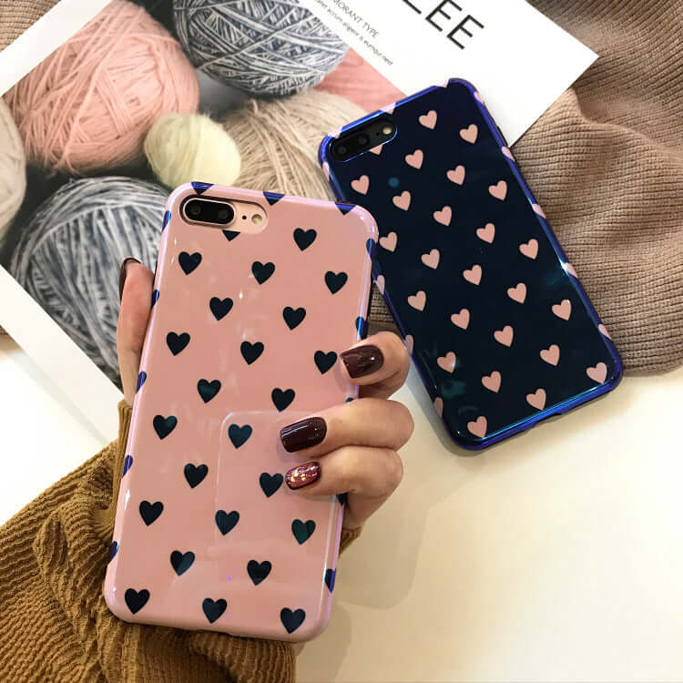 Blu-ray love heart phone case collection featuring soft silicone covers in pink and dark blue designs.