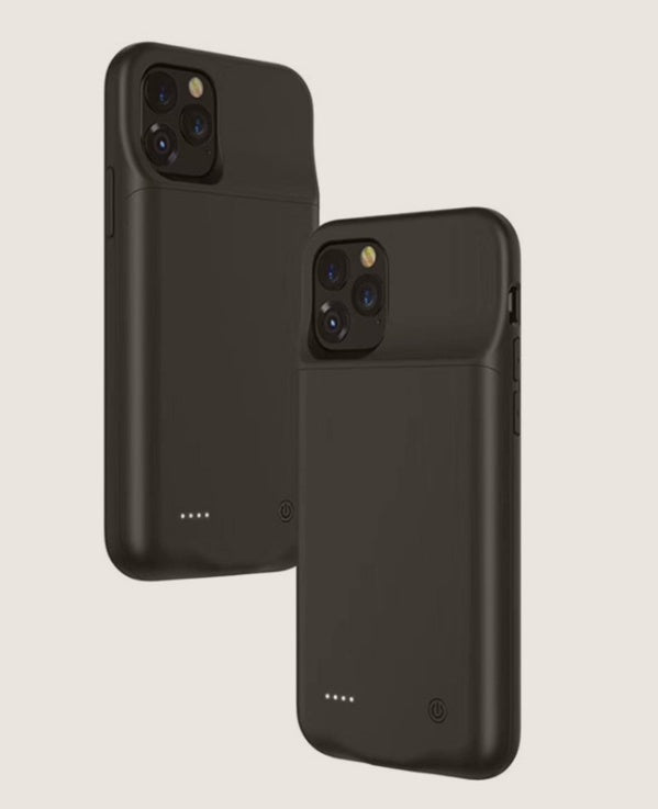 Phones Charger for iPhone 11, 5000mAh external battery case in black color.