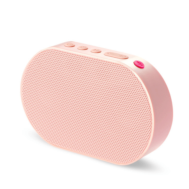 Bluetooth stereo smart speaker in pink color with control buttons on top.