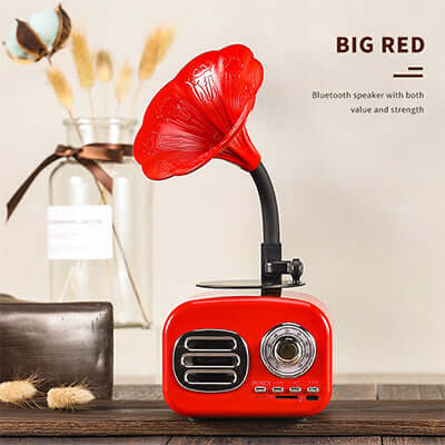 Bluetooth speaker phonograph in vibrant red design, featuring a unique flower horn and retro style.