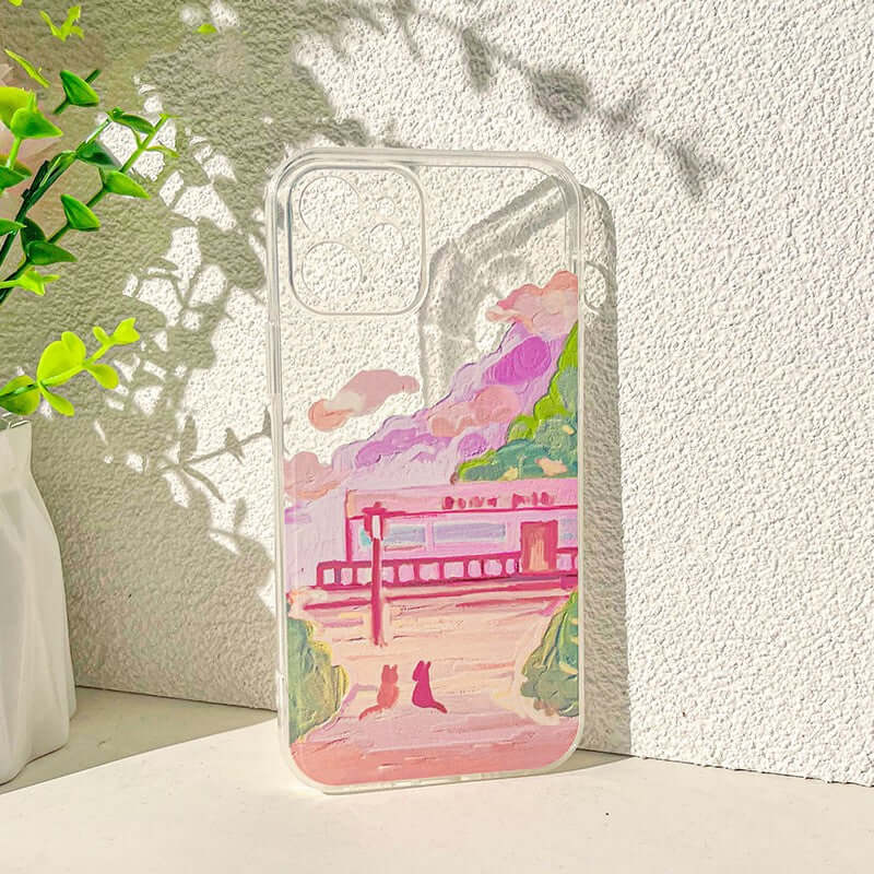 cat phone case featuring two cute cats with a colorful landscape design, perfect for stylish phone protection.