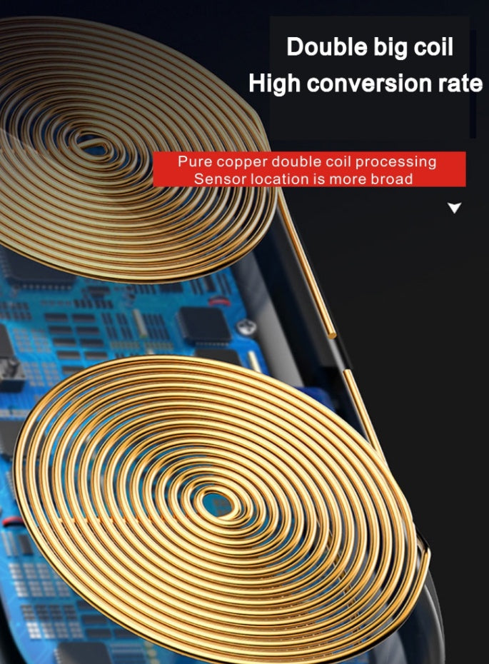 Wireless Charger with double big coil design for high conversion rate and broad sensor location.