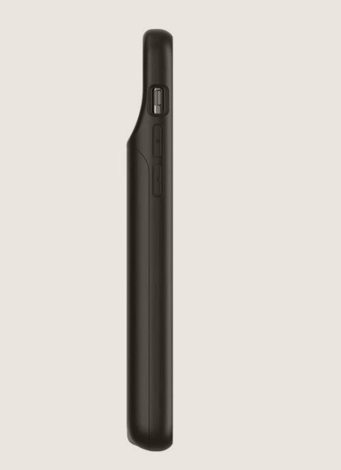 Phones Charger for iPhone 11, 5000mAh battery case, black color, side view with buttons and charging port.