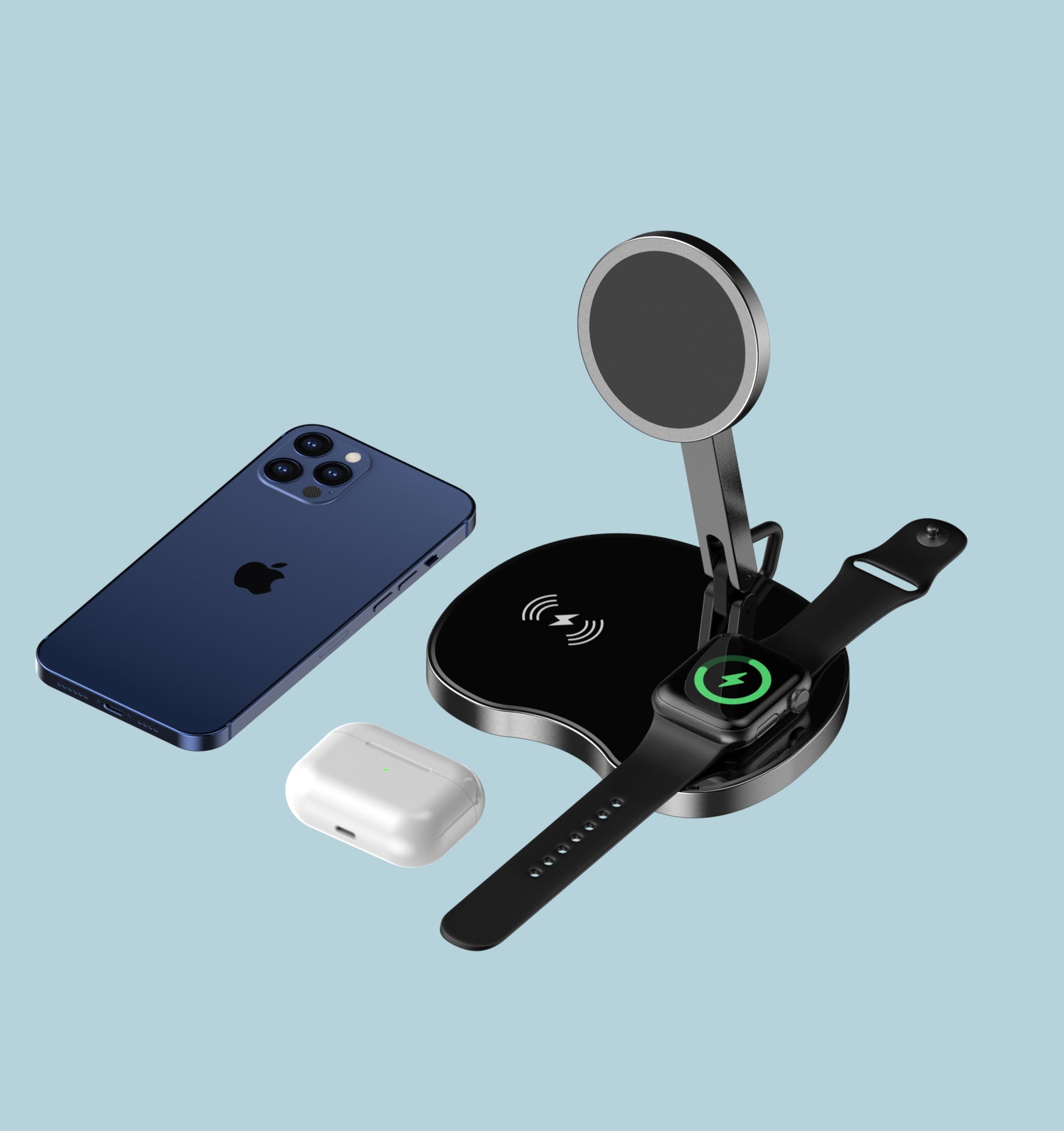 Vancely PH19 Wireless Charger Three In One with smartphone, smartwatch, and earbuds on a charging pad.