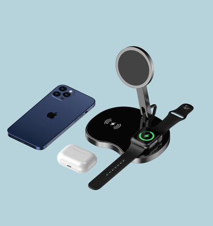 Vancely PH19 Wireless Charger Three In One with smartphone, smartwatch, and earbuds on a charging pad.
