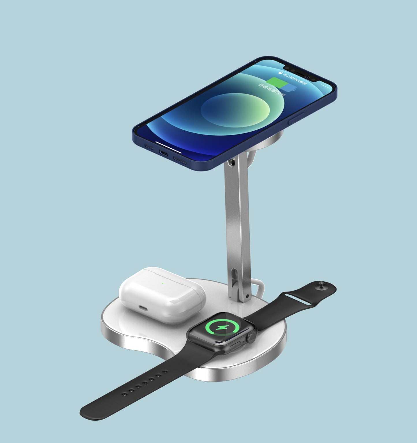 Vancely PH19 Wireless Charger Three In One charging a smartphone, AirPods, and smartwatch on a sleek stand in silver and black.