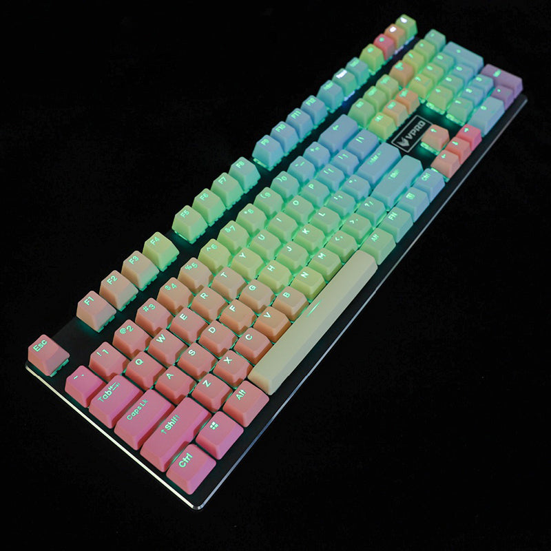 Rainbow mechanical keyboard with customizable RGB lighting and tactile mechanical switches for gaming and typing.