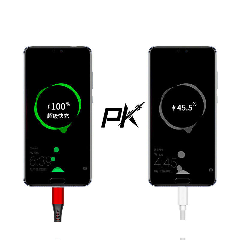 Super fast charging cable displayed on two smartphones showing charging progress and battery status.