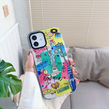 fashion travel label iPhone 12 case featuring colorful New York City travel prints.