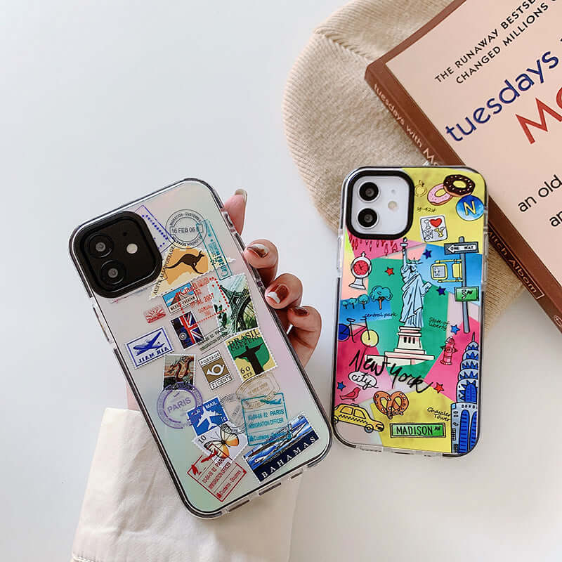 Fashion travel label iPhone 12 case showcasing travel-themed designs and vibrant colors.