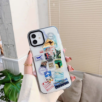 Fashion travel label iPhone 12 case featuring colorful travel stickers and stamps.