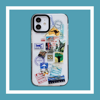 fashion travel label iPhone 12 case with colorful travel stickers and stamps design