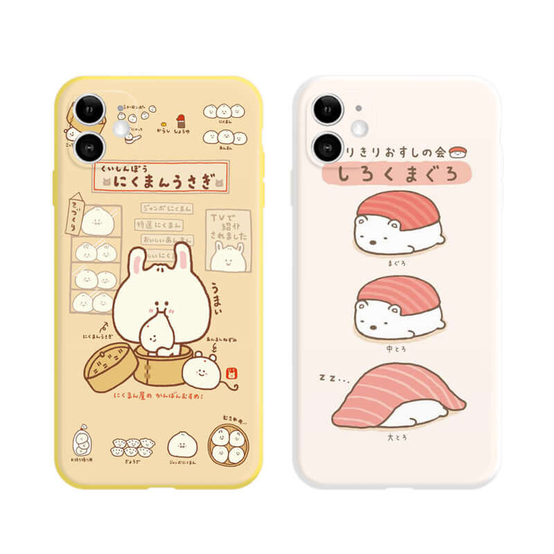 Sushi print iPhone XR case featuring cute sushi designs on two colorful mobile phone cases.