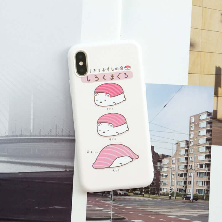 Sushi print iPhone XR case featuring cute sushi character designs, protecting Apple phones with style.