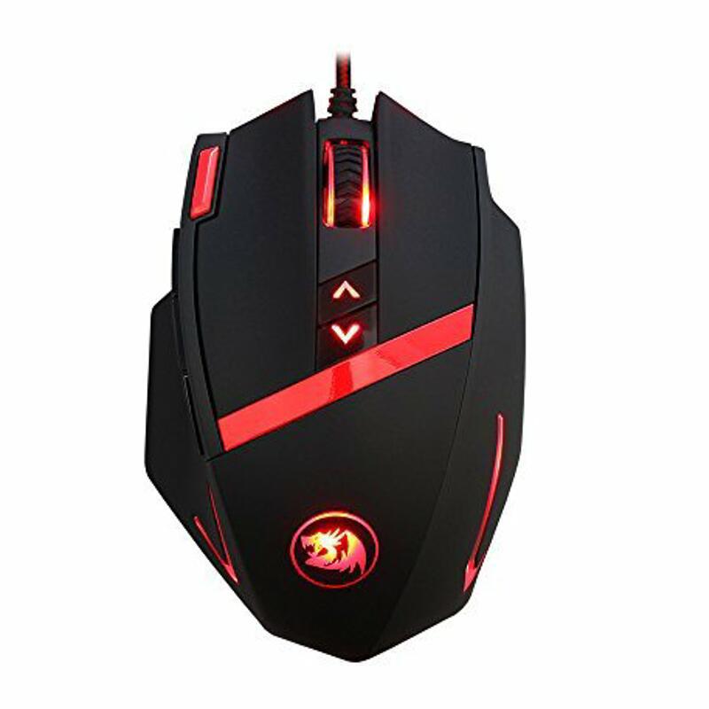 Redragon M801P gaming mouse with 12400 DPI, wireless and wired modes, ergonomic design, RGB lighting, and customizable buttons