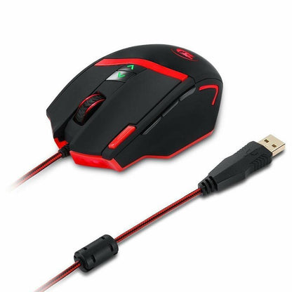 Redragon M801P gaming mouse with wireless and wired connectivity, 12,400 DPI sensor, RGB lighting, and ergonomic design