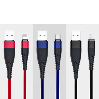 Data Charging Cable Super Fast Charging Braided Data Cable in red, blue and black colors with USB connectors.
