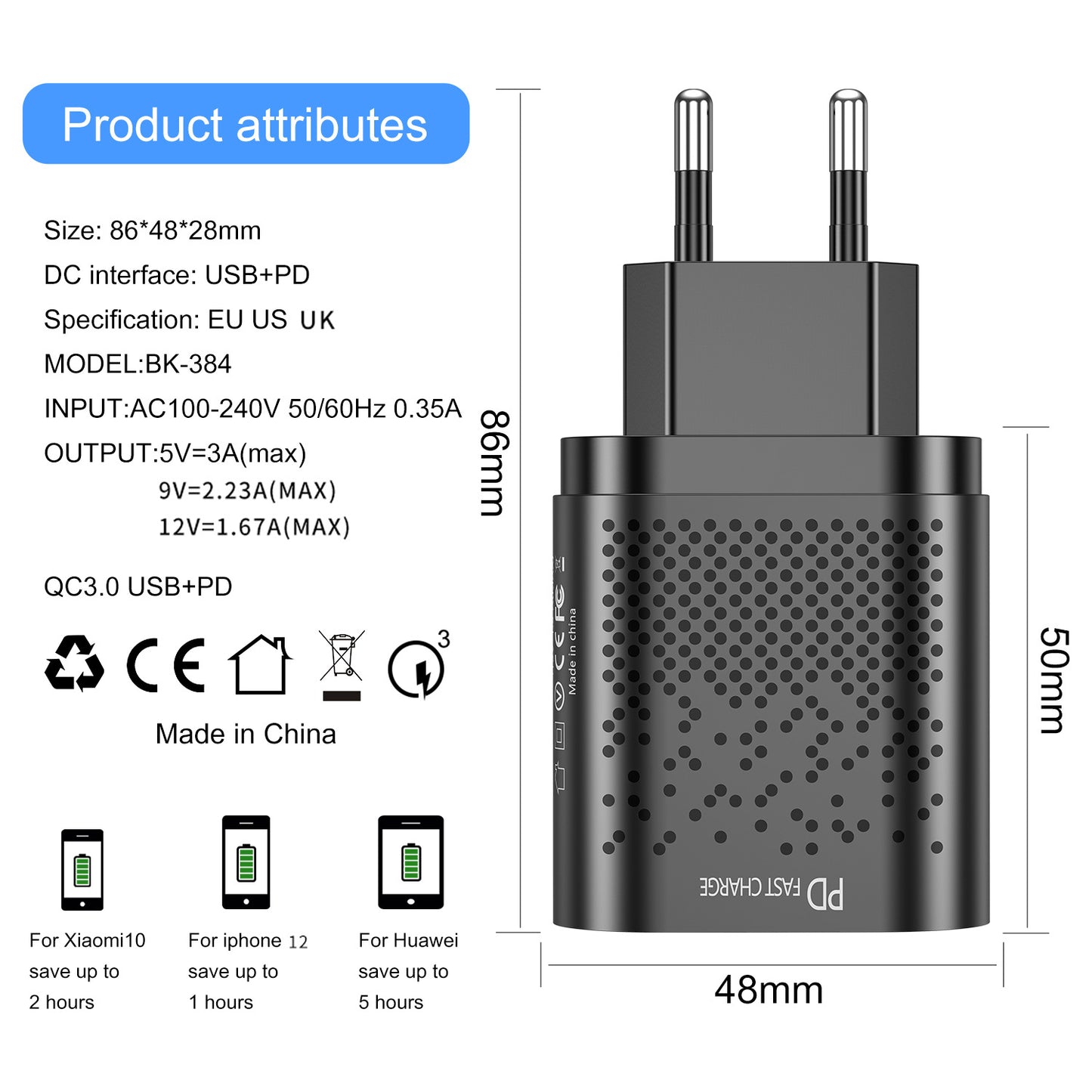 20w Dual Port Fast Charger - QC3.0 PD Charging Head for iphone, Huawei, Xiaomi 10