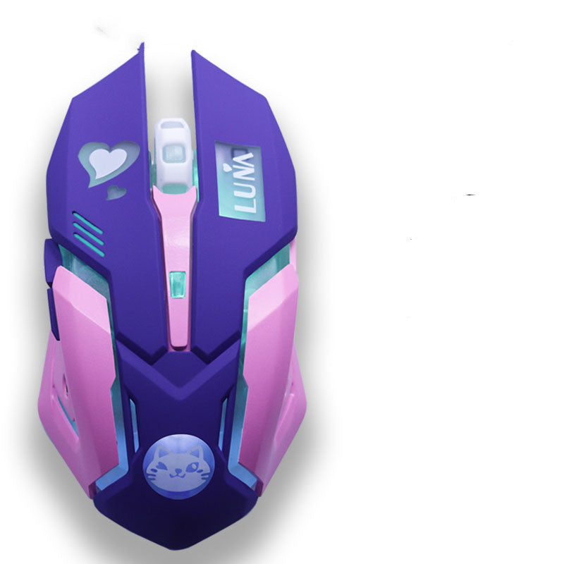 Computer Peripheral Accessories Mute Gaming Mouse in purple and pink design with LED features.