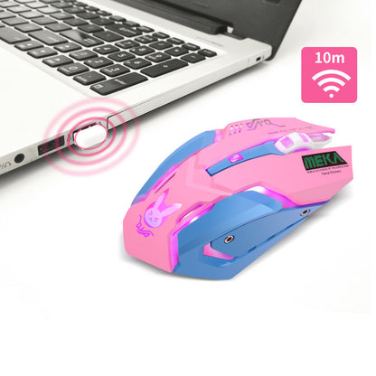 Computer Peripheral Accessories Mute Gaming Mouse next to a laptop showing wireless connectivity.