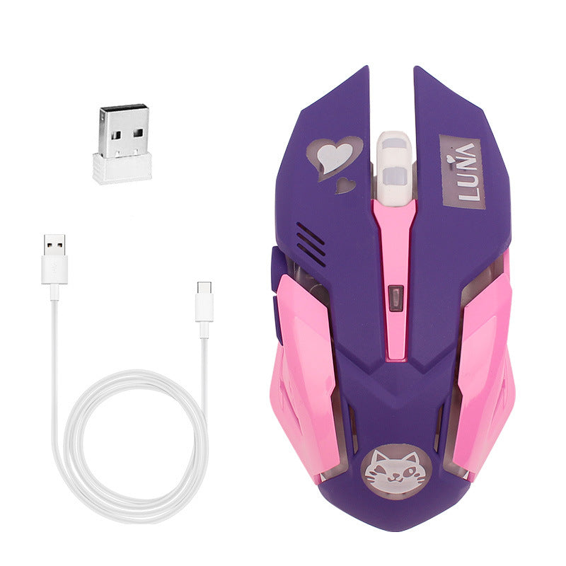 Computer Peripheral Accessories Mute Gaming Mouse in purple and pink with USB connector and cable.