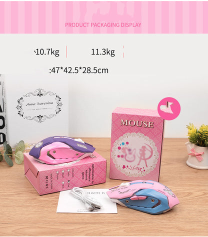 Product packaging display of Computer Peripheral Accessories Mute Gaming Mouse in pink and blue with specifications.