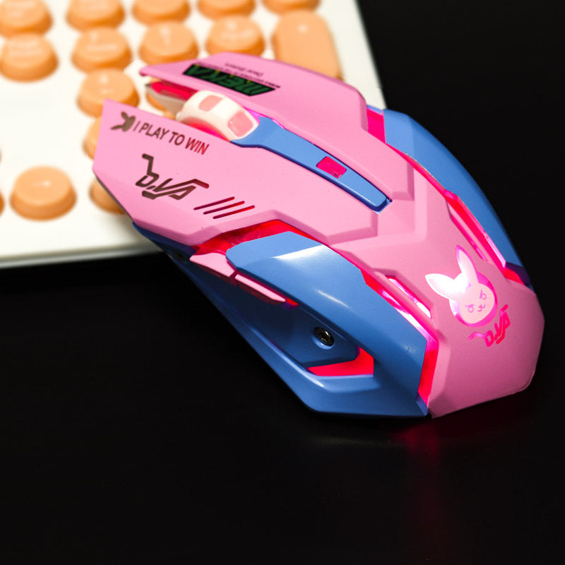 Computer Peripheral Accessories Mute Gaming Mouse in pink and blue design with six buttons and wired connection.