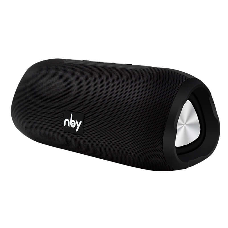 Bluetooth wireless speaker in sleek black design, showcasing built-in FM radio and portable functionality.