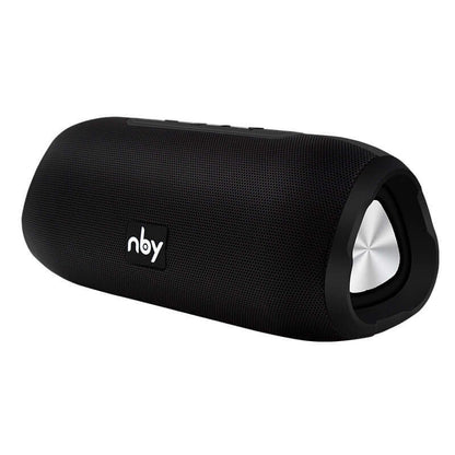 Bluetooth wireless speaker in sleek black design, showcasing built-in FM radio and portable functionality.